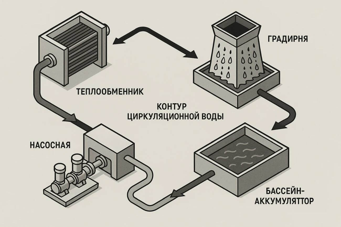 Контур циркуляционной воды НПЗ с градирней, насосной и технологическими теплообменниками