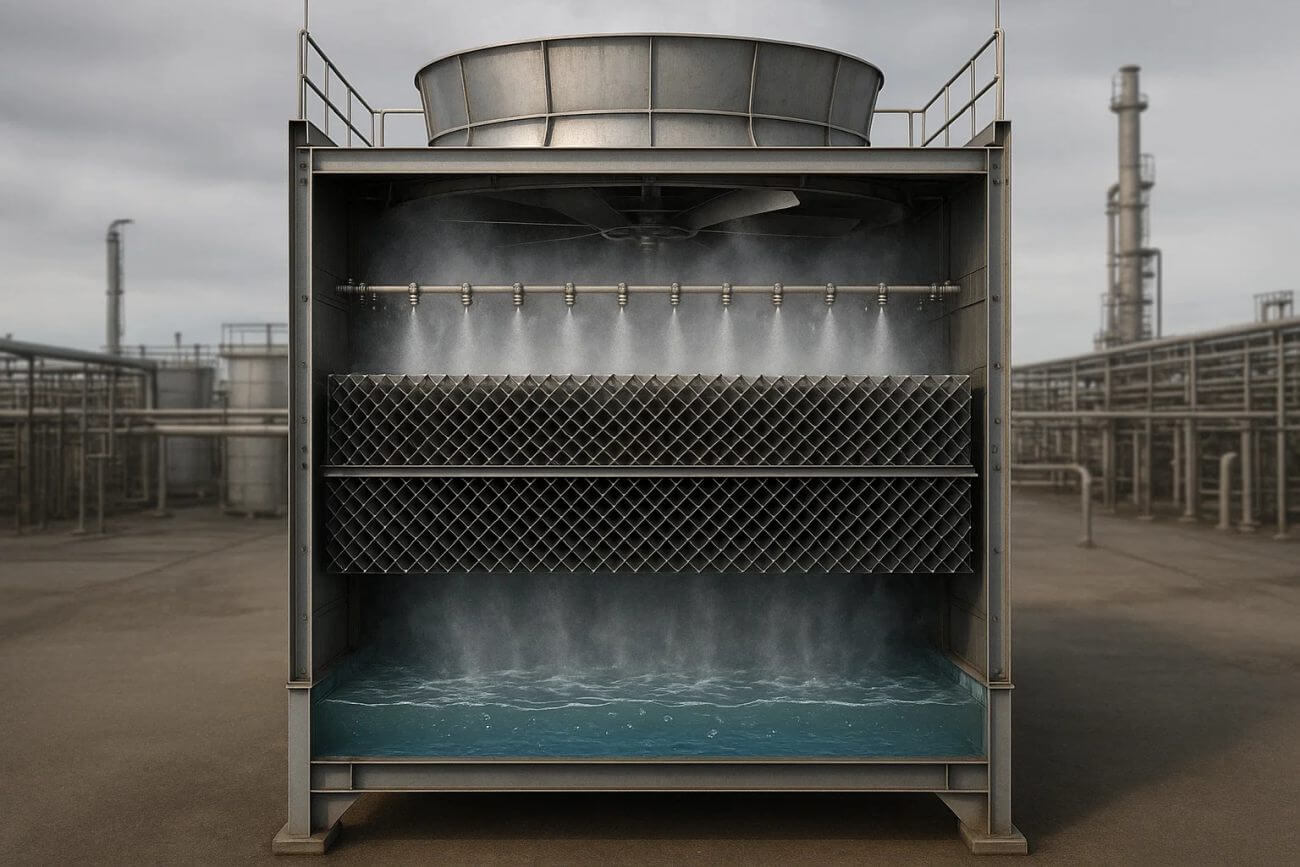 Мокрая вентиляторная градирня НПЗ: распыл воды на ороситель и охлаждение циркуляционной воды на промышленном предприятии